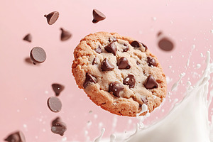 Chocolate cookie falling into white milk, a Food & Drink Photo by AlyaAnd