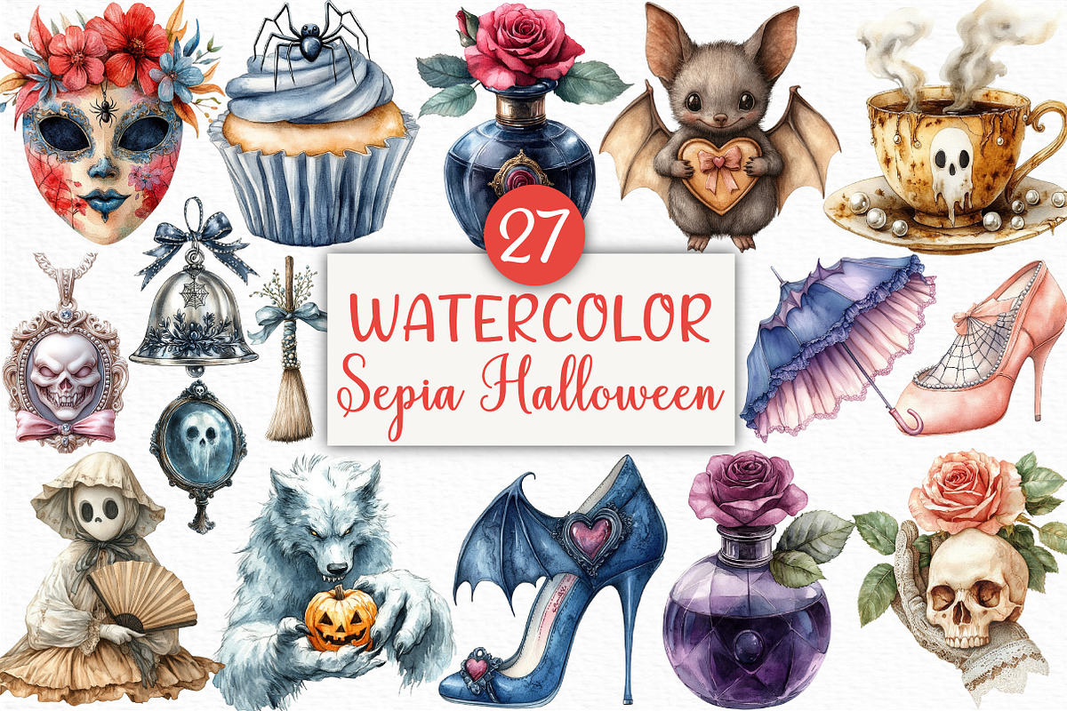 Sepia Coquette Halloween Clipart, an Illustration by Craft Nest (Photo 1 of 6)
