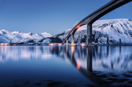 Bridge with illumination containing bridge, night, and road, a Transportation Photo by den-belitsky