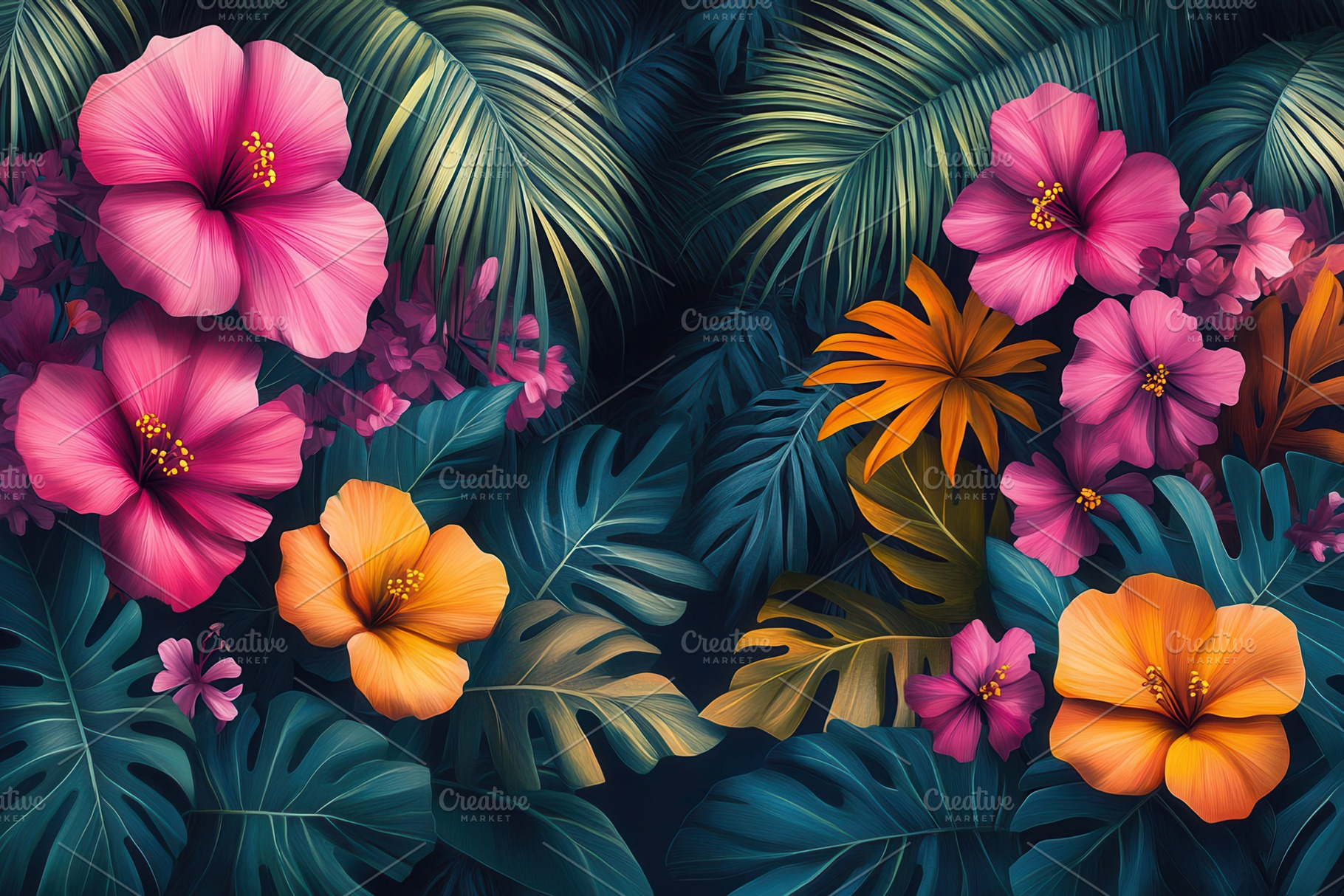 Colorful tropical flowers bloom in a, a Photo by Tanuart