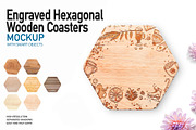Engraved Hexagonal Wooden Coasters, a Product Mockup by Moonlight Creative (Thumbnail 1 of 8)