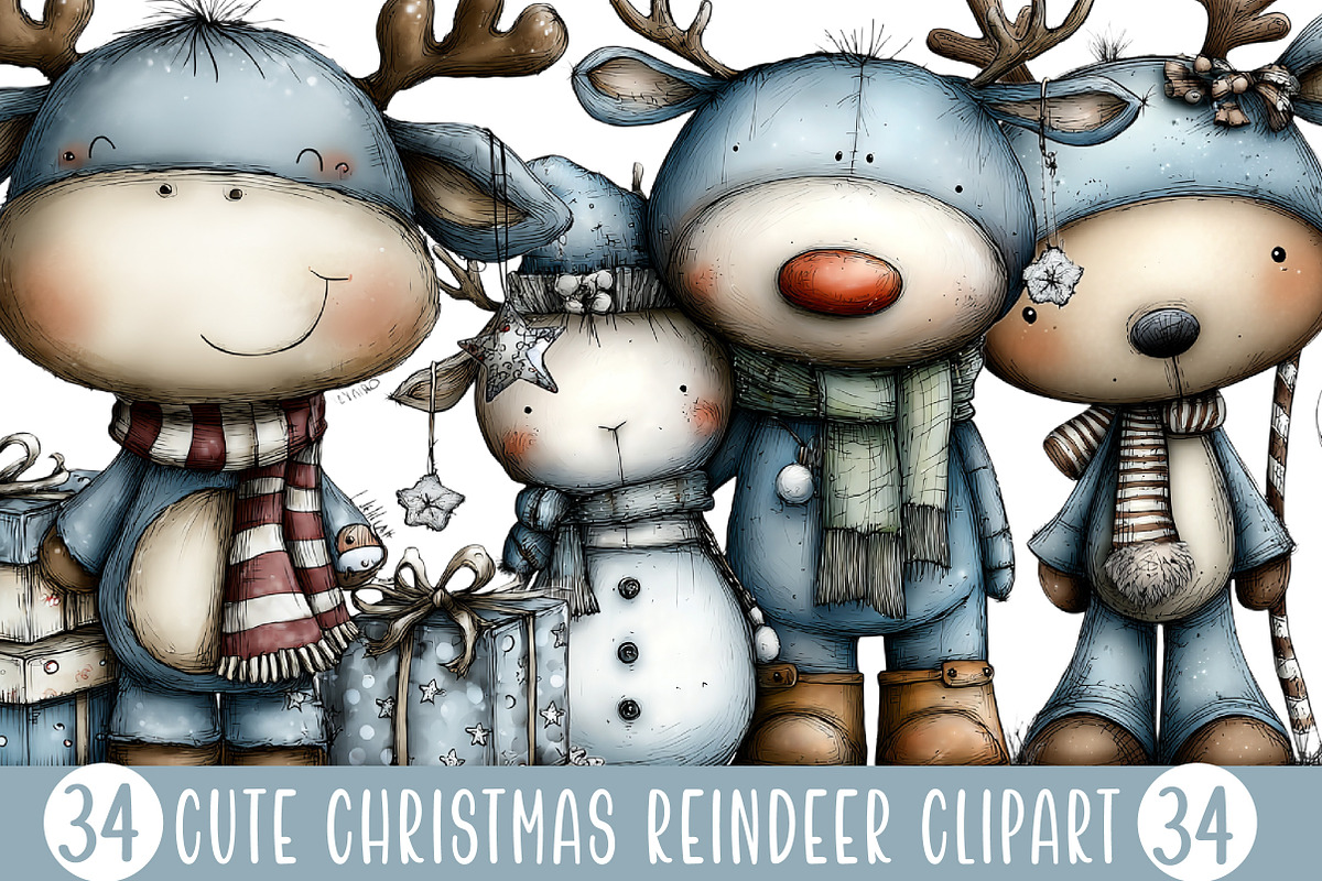 Cute Christmas Reindeer Clipart, an Illustration by Designking (Photo 1 of 5)