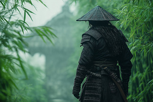 A male warrior of Asian descent stands in a misty bamboo forest, exuding a sens, a Person Photo by ImageMir
