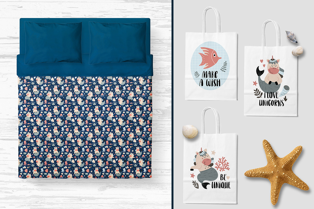 Mermaid-unicorn clipart and patterns, an Animal Illustration by rosypatterns (Photo 5 of 8)