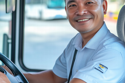 A smiling bus driver sitting in the driver's seat of a bus, wearing a white shi, a Person Photo by Textures & Backgrounds