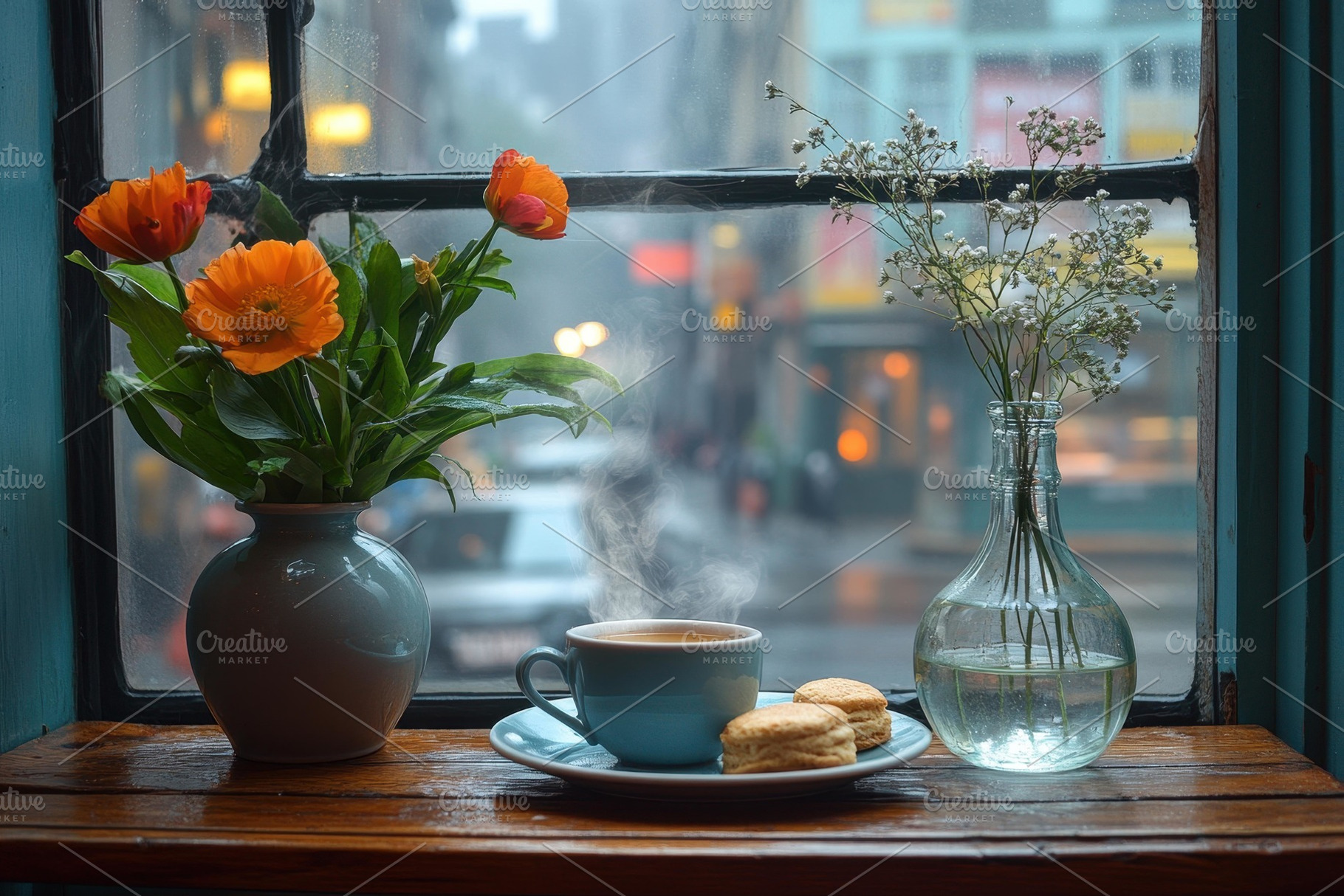 Cozy cafe window with flowers and st, a Photo by Tanuart