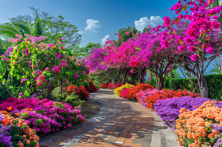 A pathway lined with vibrant, bloomi, a Photo by Iftikhar Alam