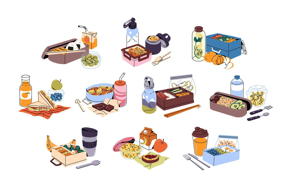 Lunchbox with food, drinks set, a Food Illustration by PaperTrident (Photo 1 of 15)