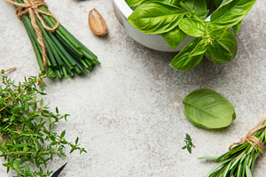 Fresh herbs and spices preparing for healthy cooking, a Food & Drink Photo by Olena Rudo