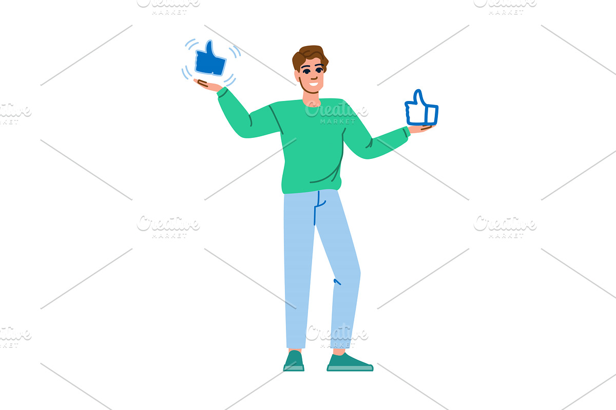 Young man showing two like icons, an Object Illustration by pikepicture