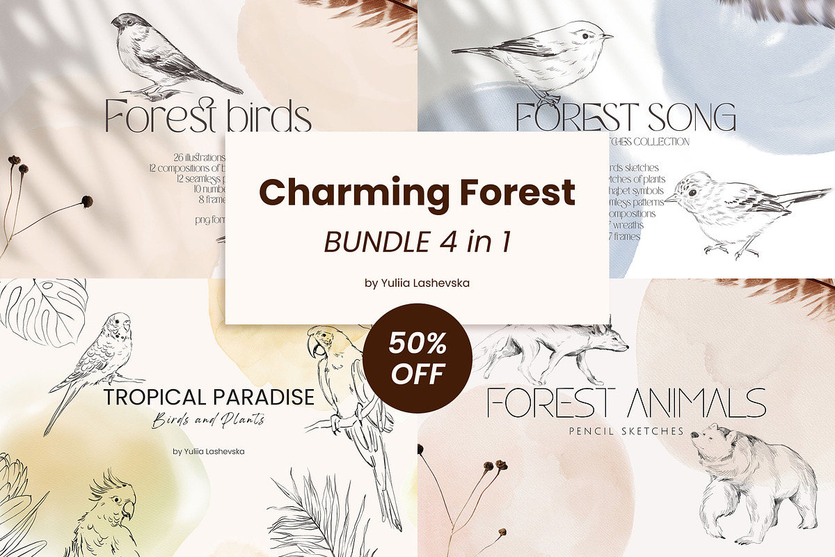 Charming forest - BUNDLE 4 in 1, a Decorative Illustration by Yuliia Lashevska (Photo 1 of 26)