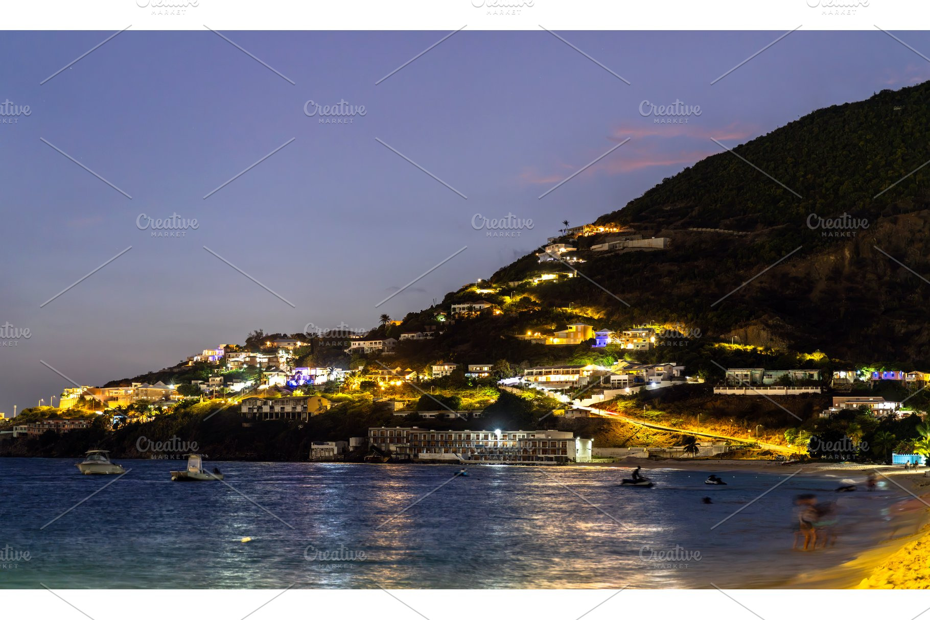 Illuminated hillside homes and resort over Great Bay at dusk in Philip, an Architecture Photo by Leonid Andronov