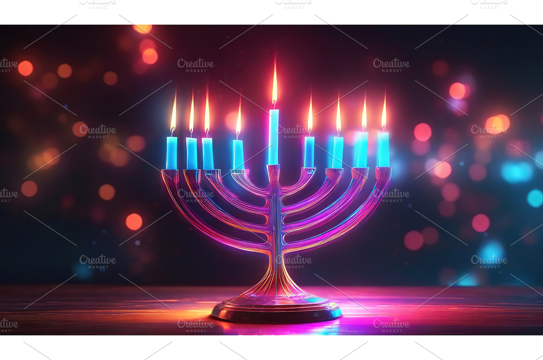 Glowing menorah with neon candles, an Abstract Photo by Igor Tichonow