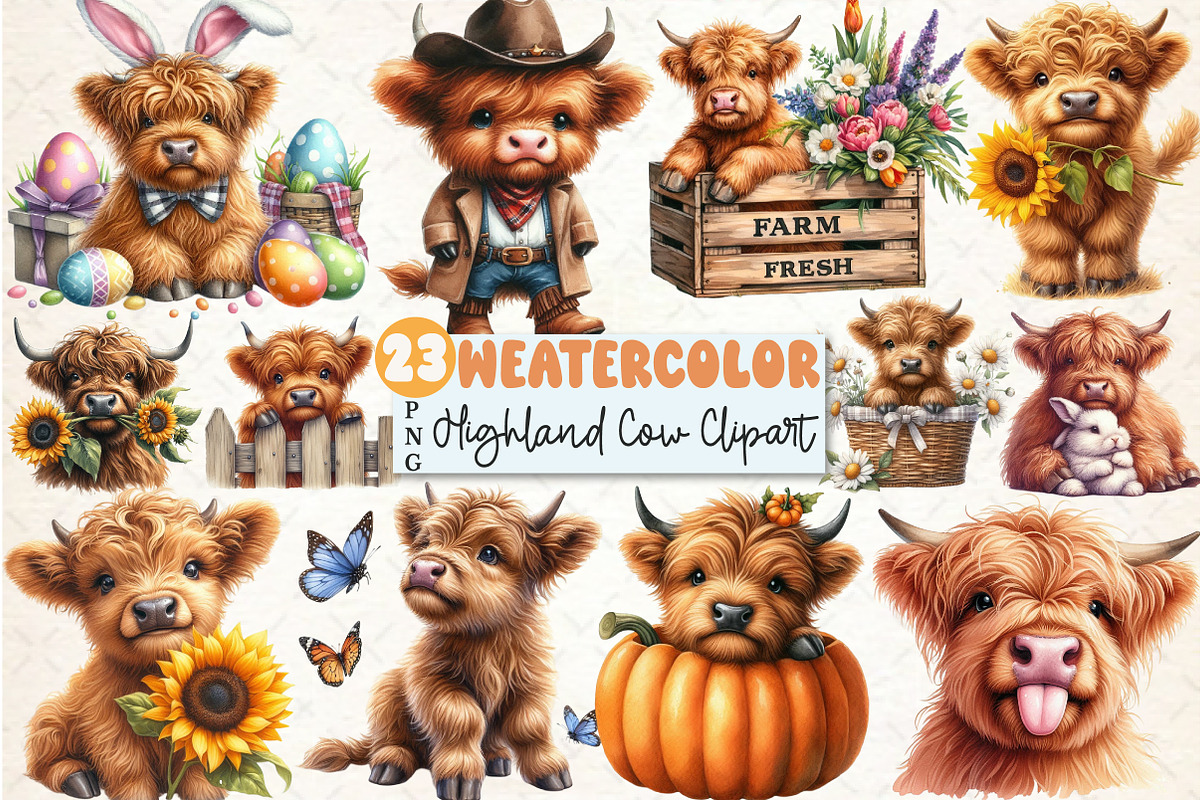 Adorable Cute Highland Cow Clipart, a Seasonal Illustration by Rose Art (Photo 1 of 4)