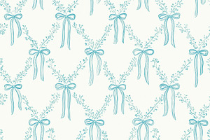 Seamless pattern repeating elegant teal bows and delicate floral