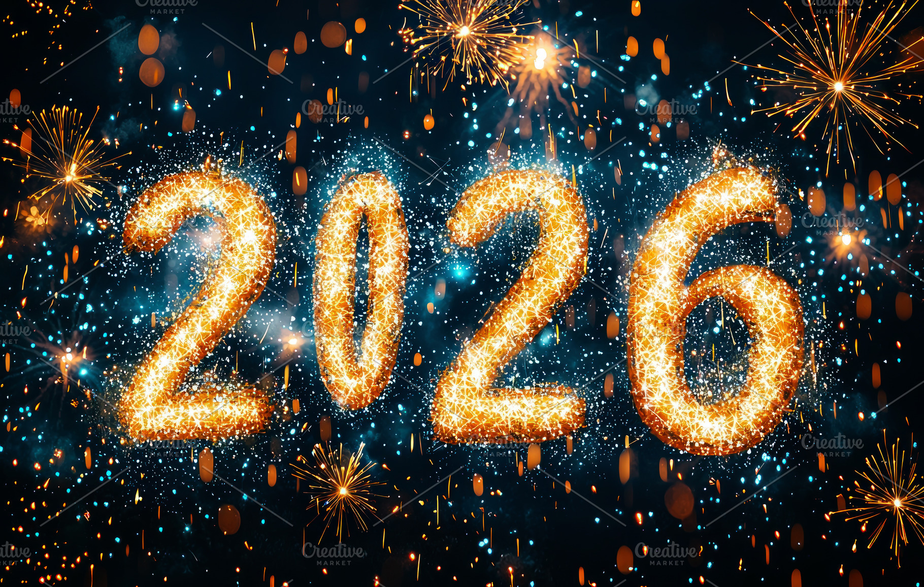 Sparkling golden 2026 numbers with fireworks and glitter against, a Background Photo by José Manuel Gelpi