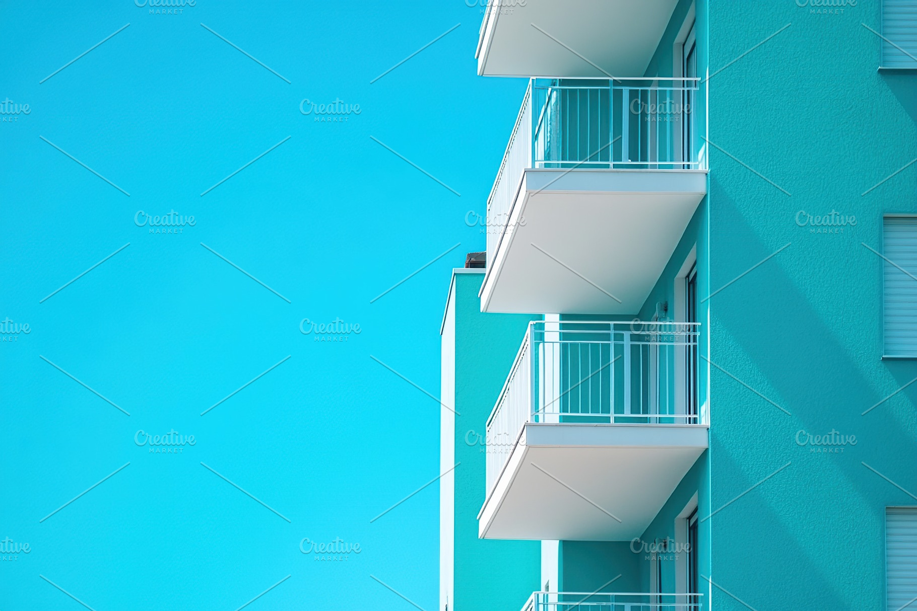 Bright turquoise building with balconies under clear blue sky during midday sun, an Architecture Photo by AlyaAnd