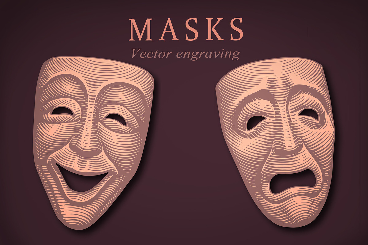 Theater Masks. Vector engraving, an Object Illustration by Vector Engraving (Photo 1 of 2)