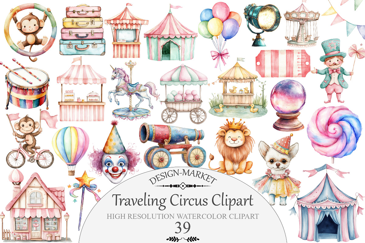 Watercolor Traveling Circus Clipart, an Illustration by Design Market (Photo 1 of 4)
