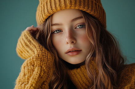 A close-up portrait of a young woman with long wavy hair, wearing a cozy mustar, a Person Photo by Textures & Backgrounds