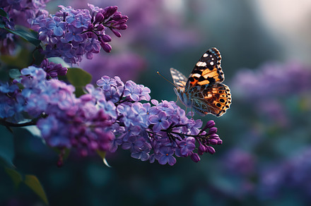 Butterfly gracefully flying from vibrant purple lilac blossoms in a serene gard, an Animal Photo by AlyaAnd