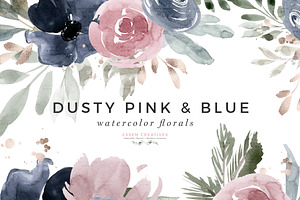 Dusty Pink & Blue Watercolor Flowers