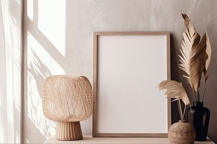 Blank print frame mockup with plants and decor on light backgrou, a Photo by Dvoevnore photos