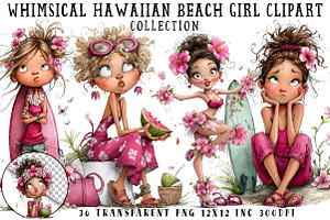 Whimsical Hawaiian Beach Girl Clipar, an Illustration by OK Design