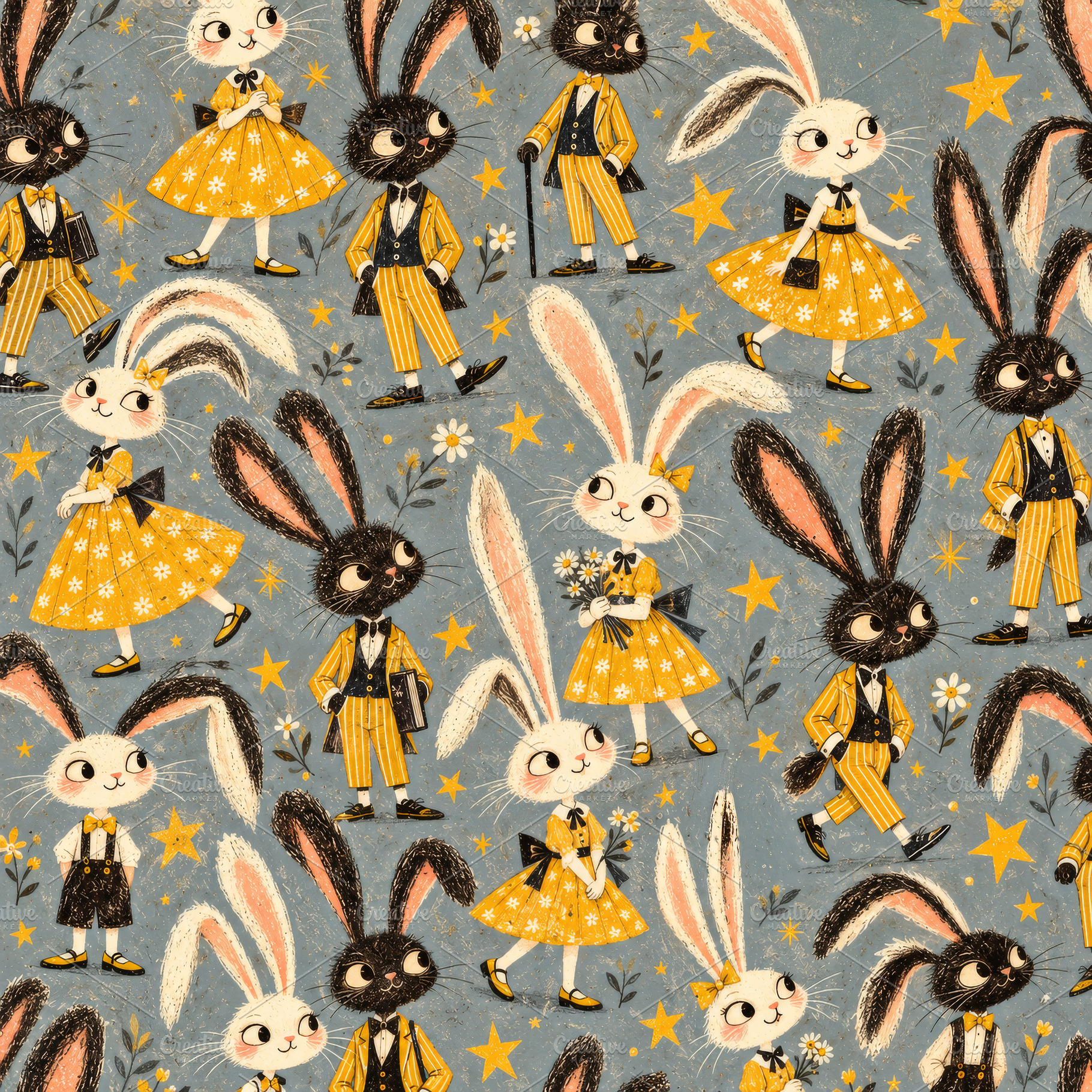 Whimsical pattern of black and white rabbits in yellow vintage c, an Arts & Entertainment Photo by Imaginarium