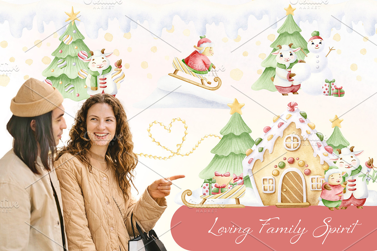 Family Christmas Watercolors Cartoon, a Seasonal Illustration by Elena Malgina Clipart (Photo 10 of 20)