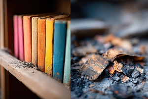 Old colorful books on a shelf next to burnt pages and ashes in a dimly lit room, a Photo by AlyaAnd