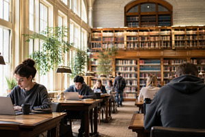 Studying in a library during the day, a Photo by Beautiful things