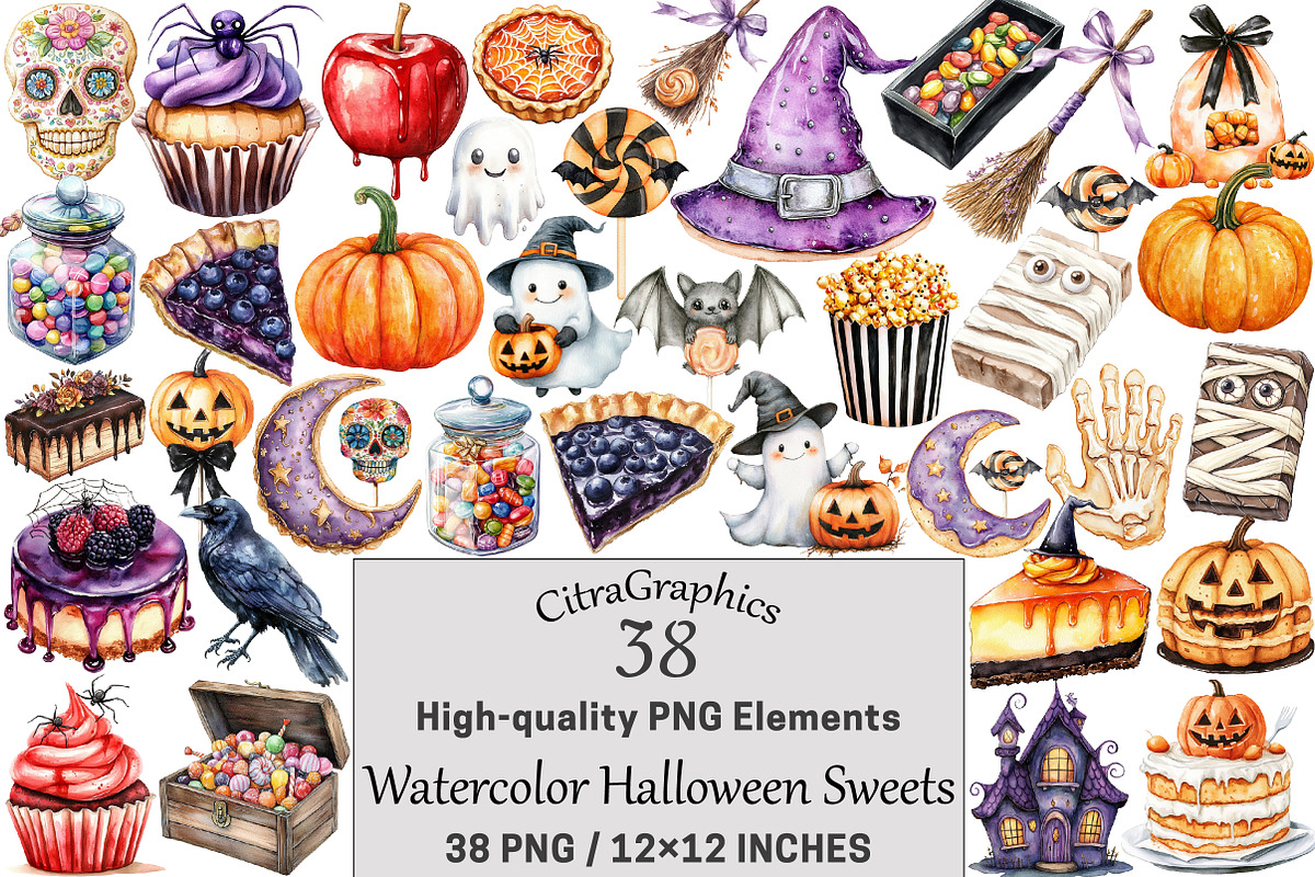 Watercolor Halloween Sweets Clipart, a Seasonal Illustration by CitraGraphics (Photo 1 of 5)