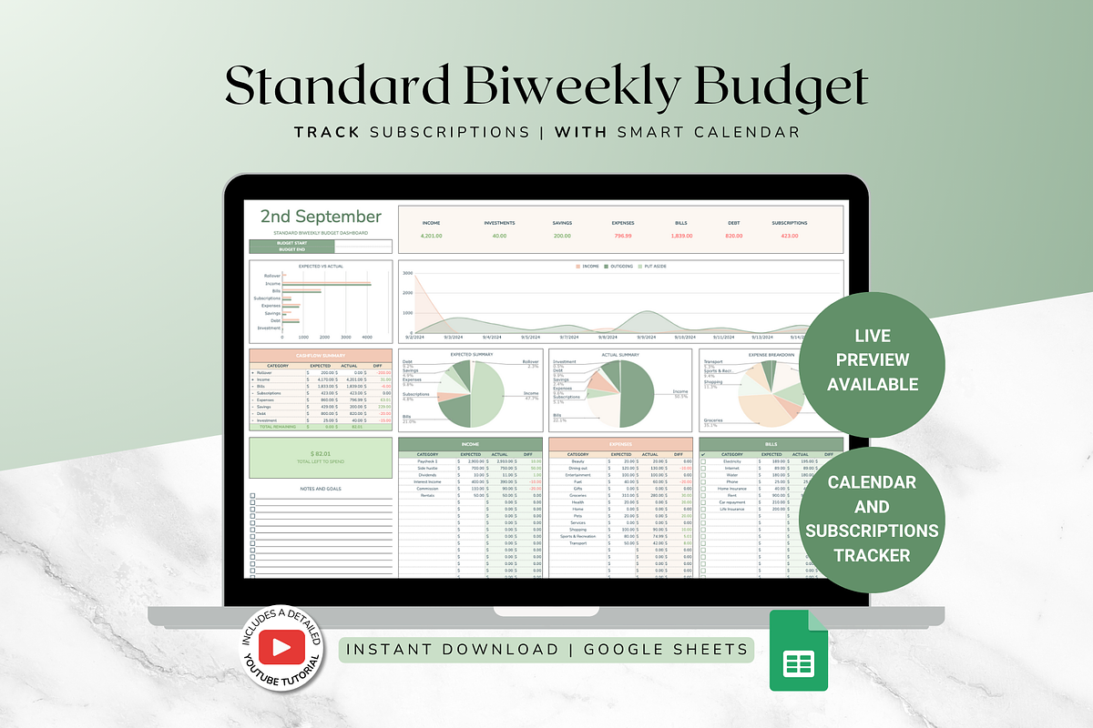 Standard Biweekly Budget - Green, a Templates & Theme by The Creative Plans co (Photo 1 of 10)