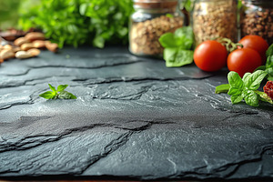 Fresh ingredients on a textured slate surface, including tomatoes, herbs, and n, a Background Photo by ImageMir