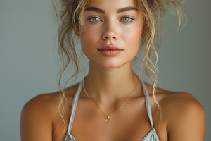 A young Caucasian woman with wavy hair poses softly, showcasing striking blue e, a Background Photo by ImageMir