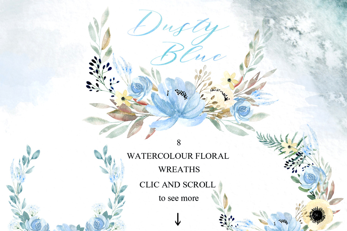 Dusty blue gold. Watercolor flowers, a Texture Illustration by LABFcreations (Photo 6 of 12)