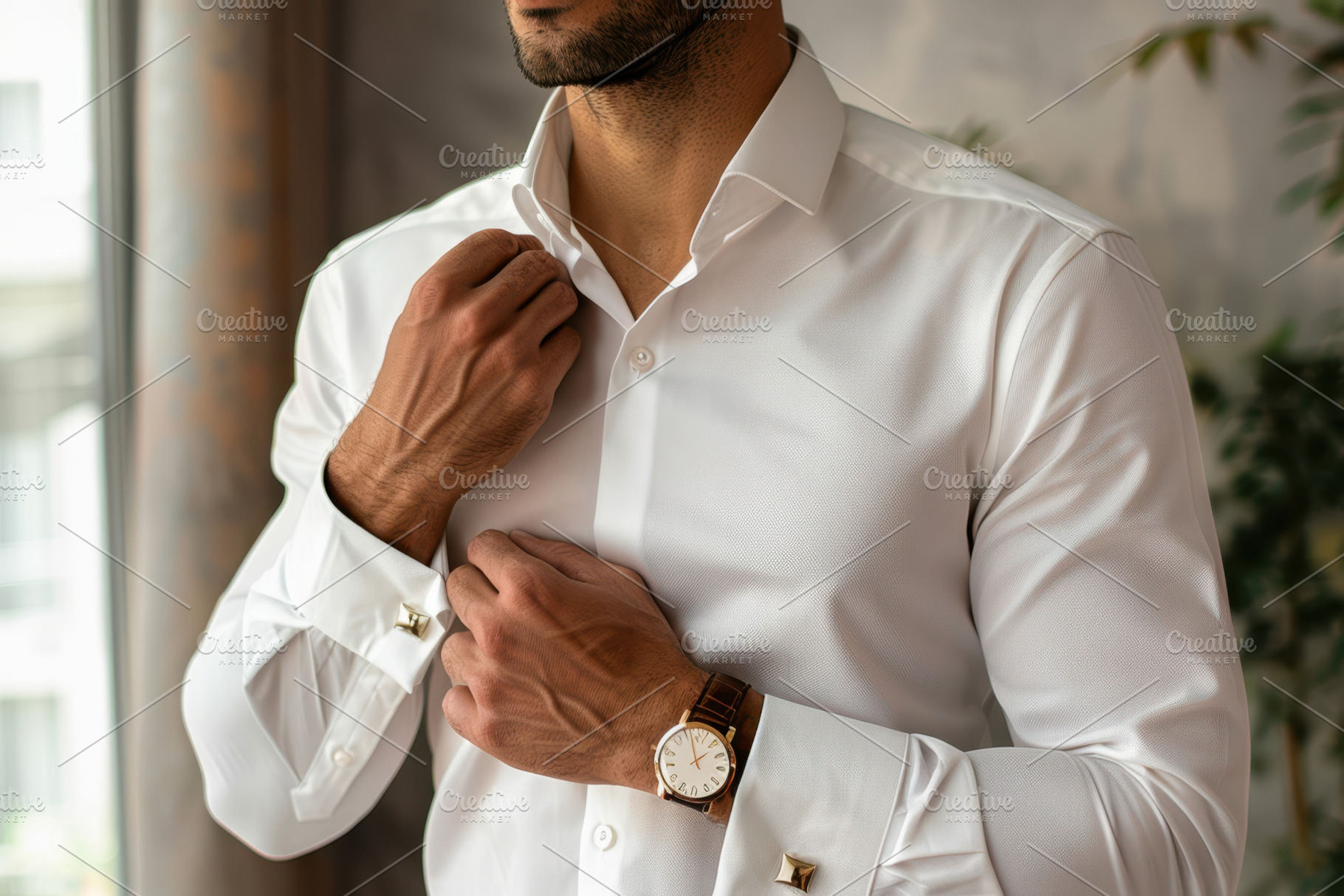 Man buttoning white dress shirt, a Business Photo by AlyaAnd