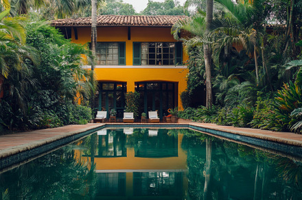 Vintage home with pool reflection and tropical surroundings, an Abstract Photo by Natalia Klenova's Shop