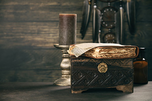 Vintage Chest with Journal and Candlelight Ambiance, an Abstract Photo by Natalia Klenova's Shop