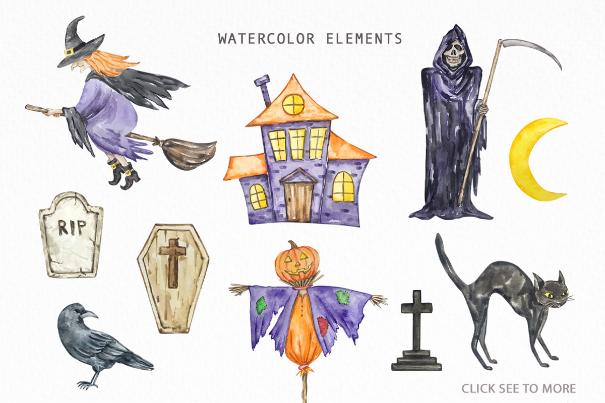 Watercolor Happy Halloween Clipart, a Seasonal Illustration by SvetaArtStore (Photo 4 of 8)