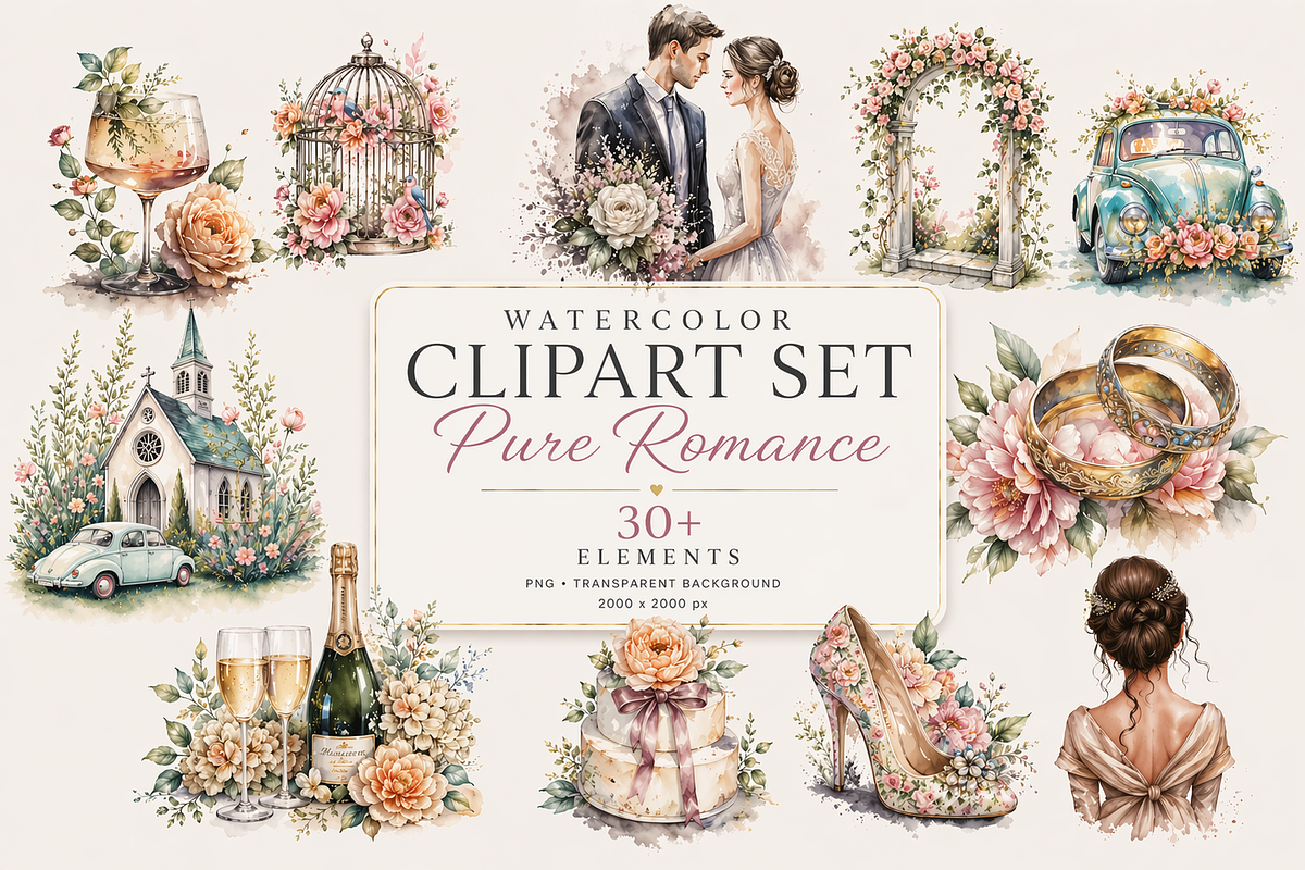 37Watercolor Wedding Clipart PNG Set, an Illustration by Jalina Clipart Studio (Photo 1 of 7)
