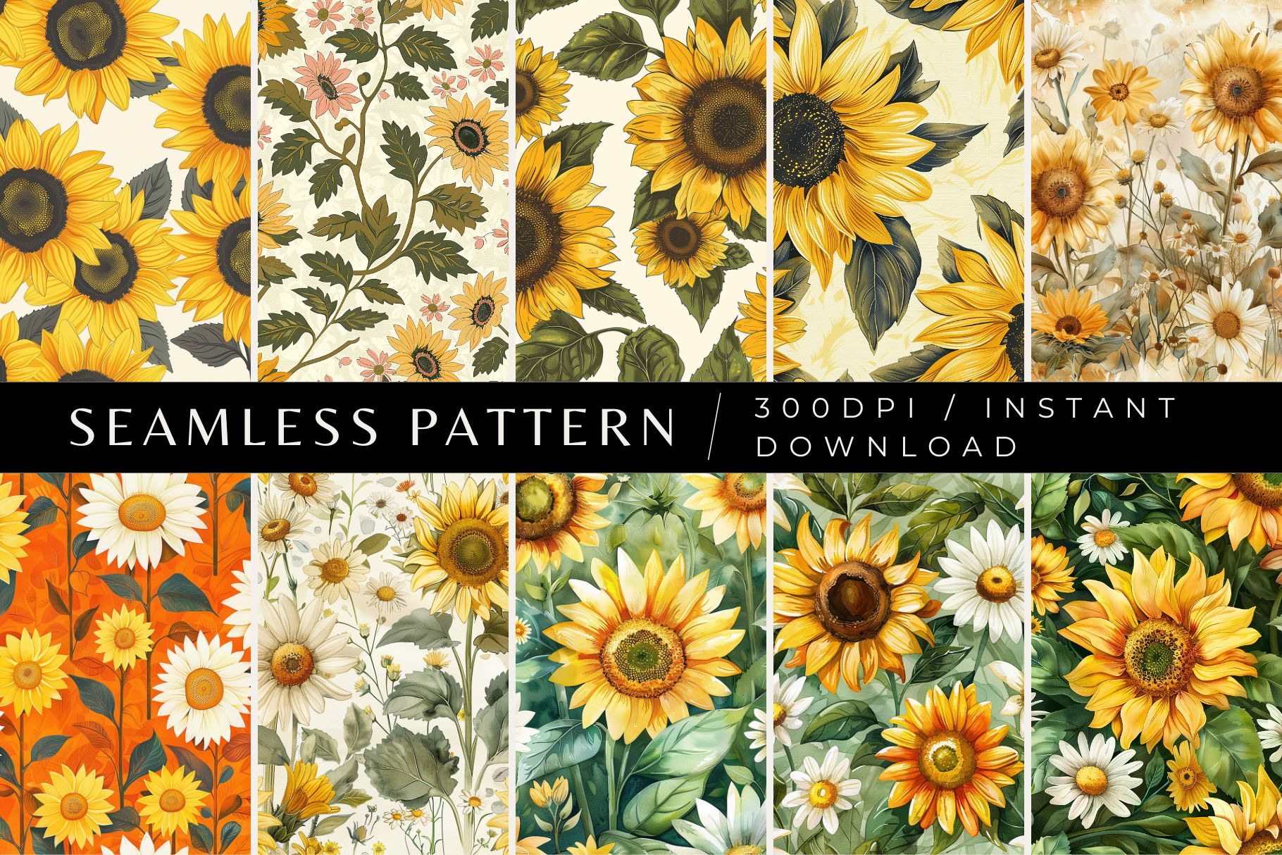 10 Sunflower Summer Patterns, a Pattern Graphic by Inknfolly