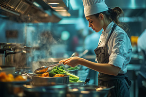 Focused female chef prepares a dish, a Food & Drink Photo by MistyDay