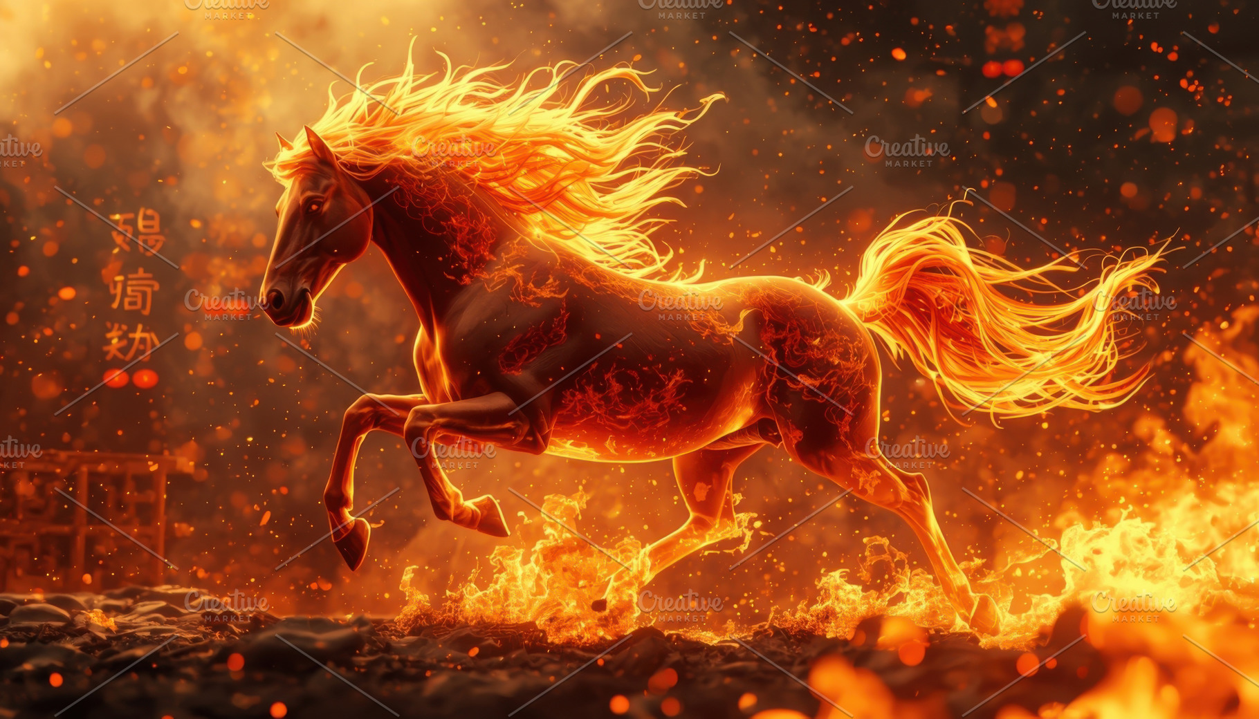 Mystical Fire Horse Galloping Amidst, an Animal Photo by Perpis