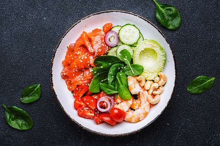 Ketogenic diet salad bowl with salmon, shrimp, avocado, spinach,, a Food & Drink Photo by 5PH