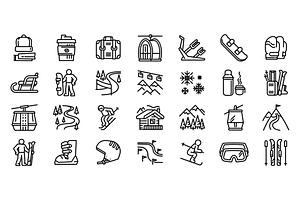 Ski Resort Icons Set, Outline Style