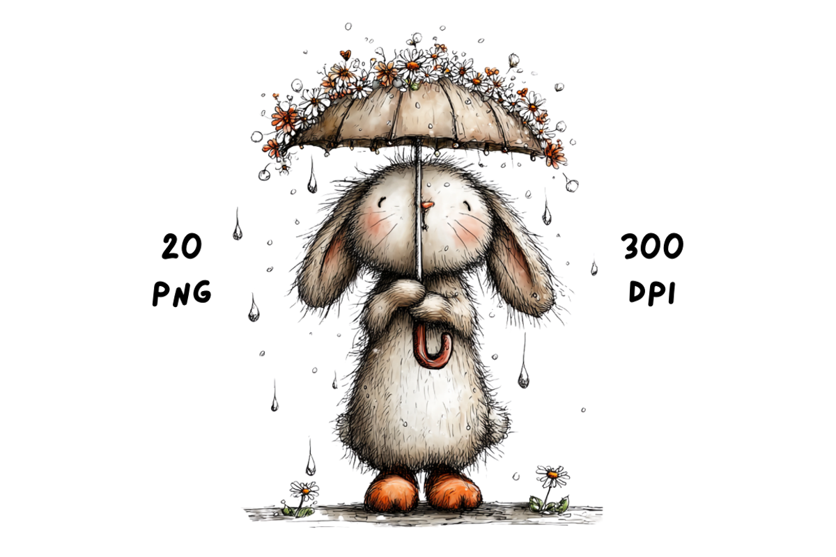 Whimsical Rainy Bunny Clipart, an Animal Illustration by GiraffeCreative (Photo 4 of 19)