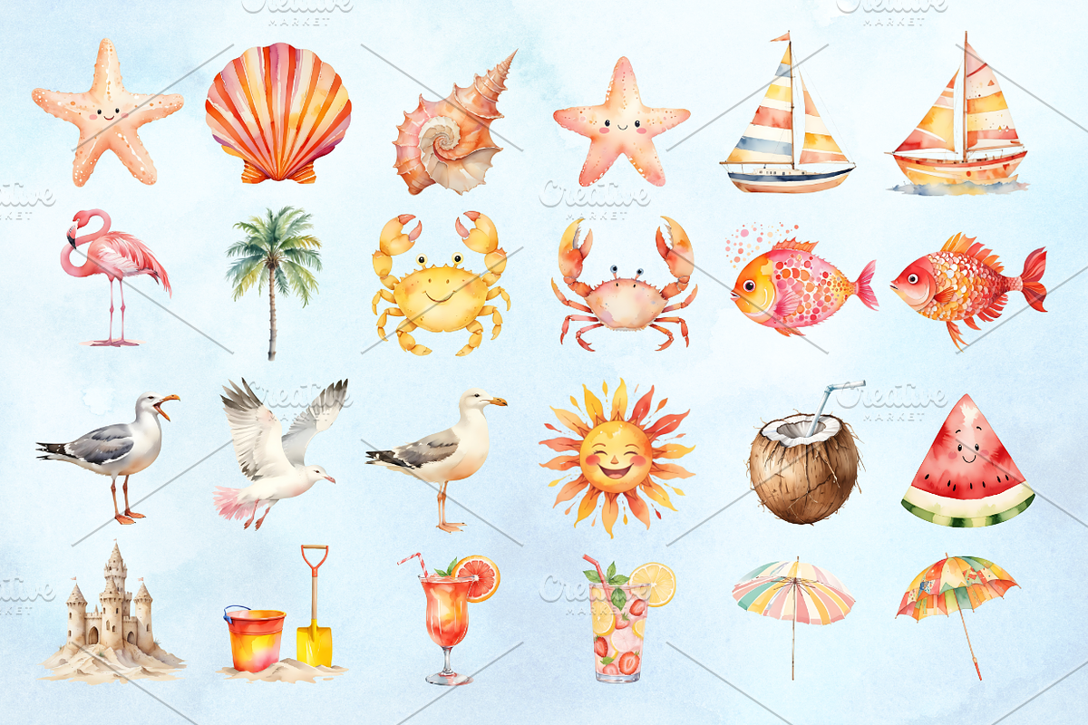 Watercolor Beach Day Clipart, a Decorative Illustration by Coralcreations (Photo 3 of 4)