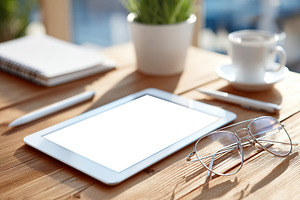 Blank framework displays smart menu on a sleek tablet by a sunny window with pl, a Technology Photo by AlyaAnd
